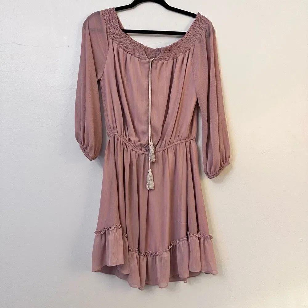 Simplee Long-Sleeve Off The Shoulder Ruffle Chiffon Mini Dress Pink Large NWT